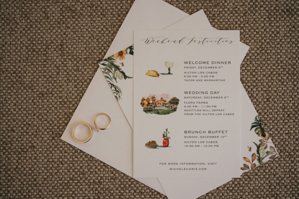 Flat lay of weekend festivities card featuring Flora Farms