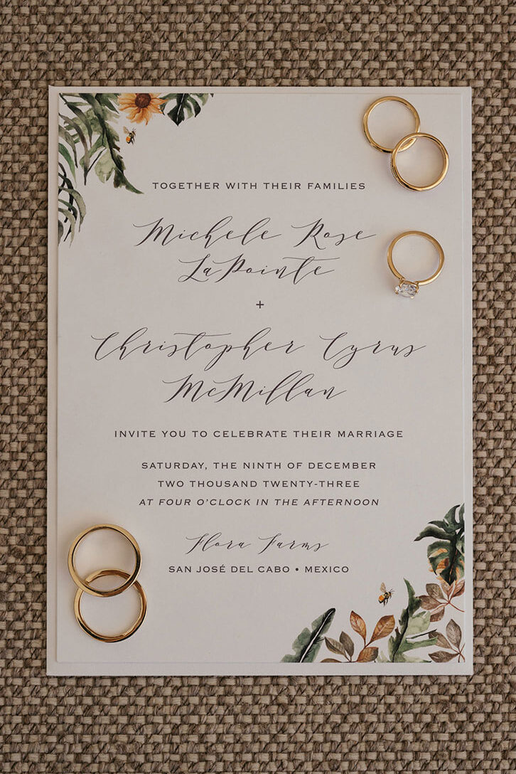 Wedding invitation in an elegant tropical style for wedding at Flora Farms