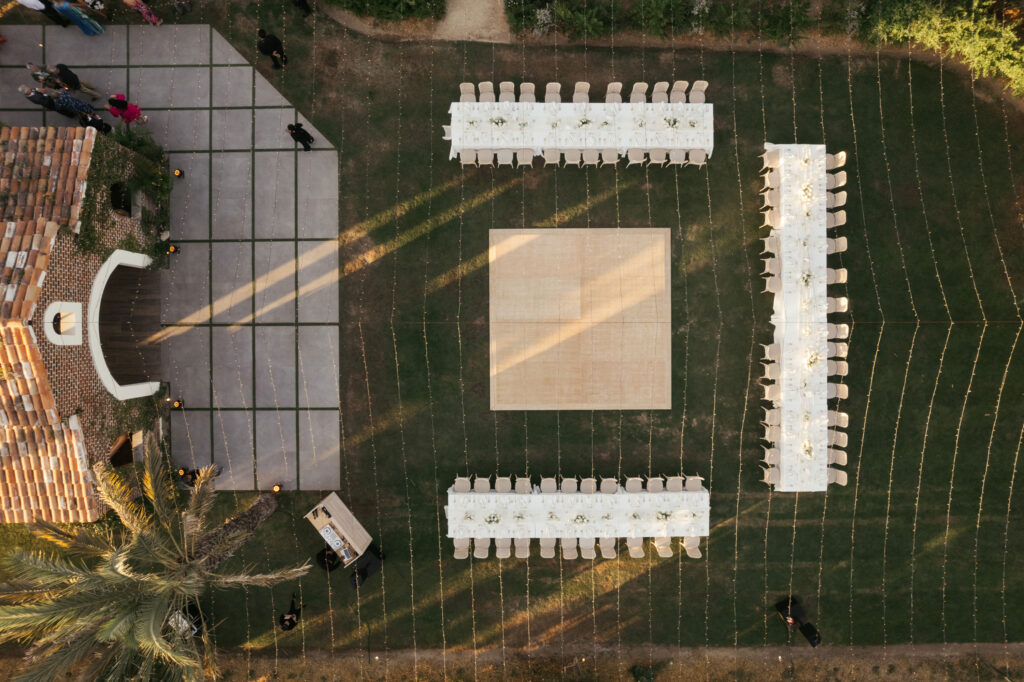 Aerial view of reception seating at Flora Farms
