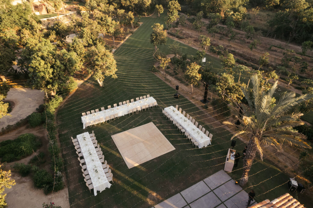 Drone view of reception seating at Flora Farms
