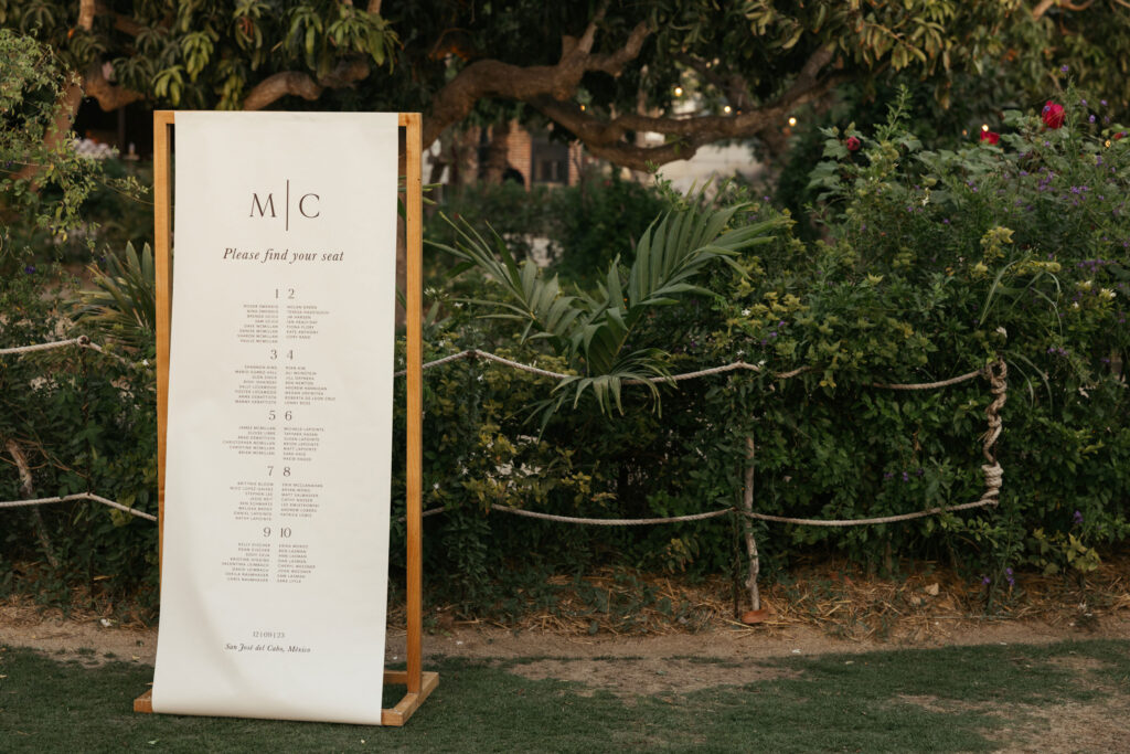 Fabric seating chart at flora farms