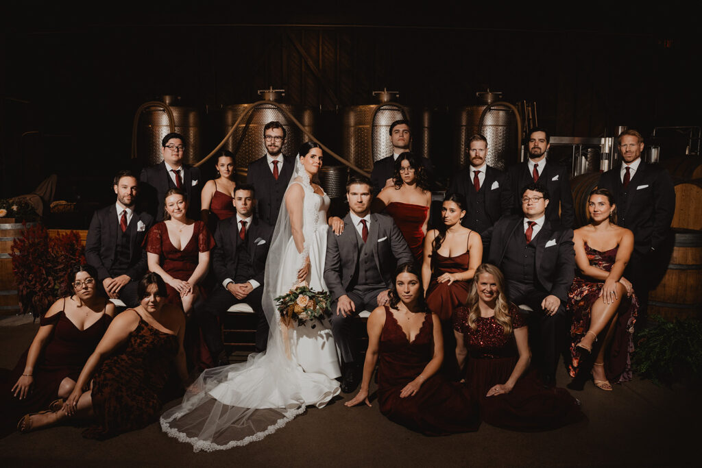 Moody wedding party photo for fall wedding