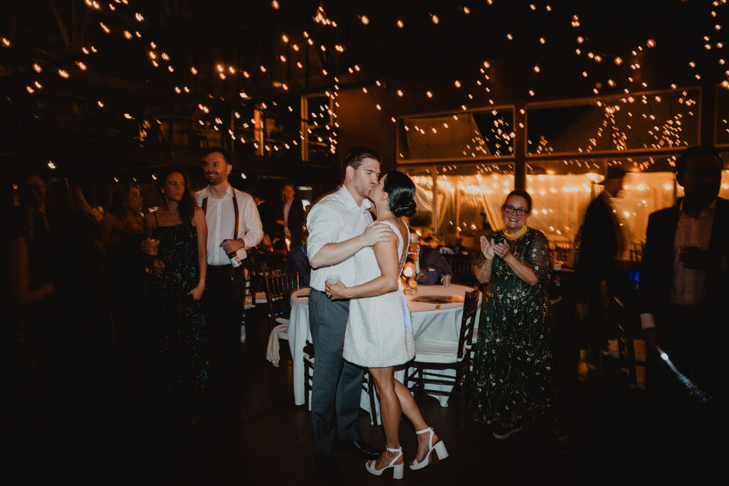 bride and groom in hangar